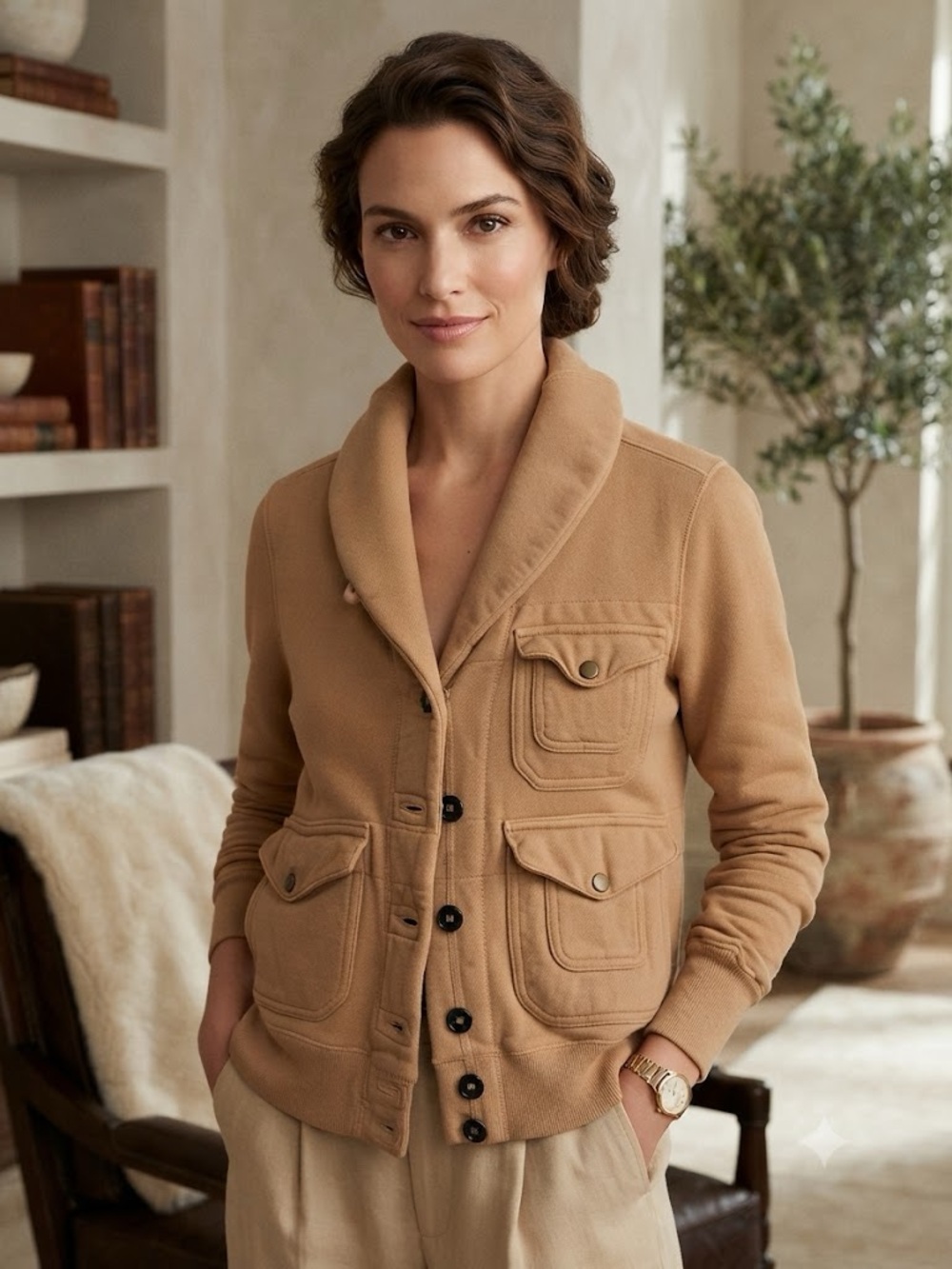 Vintage Ralph Lauren Beige Multi-Pocket Utility Cardigan Sweatshirt Jacket Large